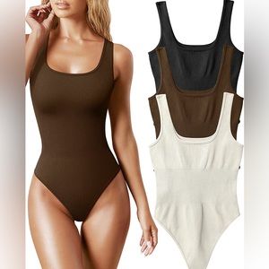 QQQ 3 Piece Bodysuit Ribbed Shapewear Sleeveless Tank Brown Black and Cream